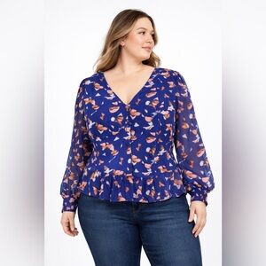 Nine West XL Women's Blue Floral Blouse